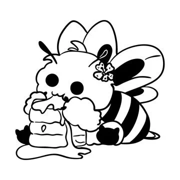 Hand drawn vector illustration of a cute bee eating a cake, line art Stock Illustration