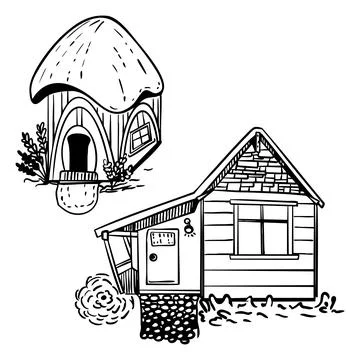 Hand drawn vector illustration of cute houses, black line art Stockillustratie