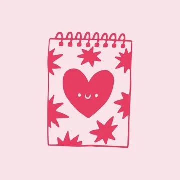 Hand drawn vector illustration of a cute pink spiral notebook with a smiling Stock Illustration