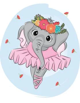 Hand drawn vector illustration of a cute baby elephant ballerina in a pink .. Stock Illustration