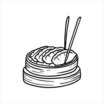 Hand drawn vector illustration of dimsam icon in wooden dish in sketch style. Stock Illustration