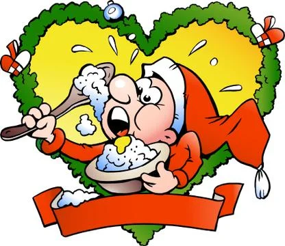 Hand-drawn vector illustration of an elf eating rice pudding Stock Illustration