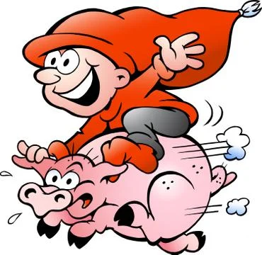 Hand-drawn vector illustration of elf riding on a pig Stock Illustration