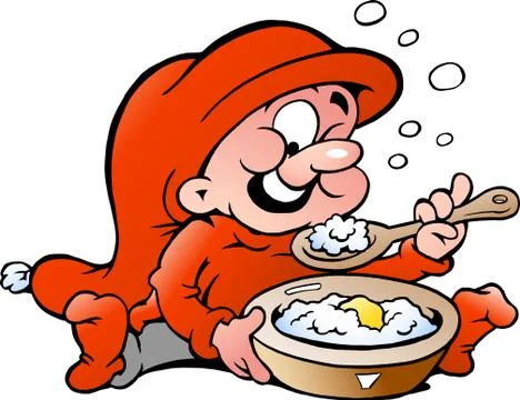 Hand-drawn vector illustration of elf eating porridge Stock Illustration