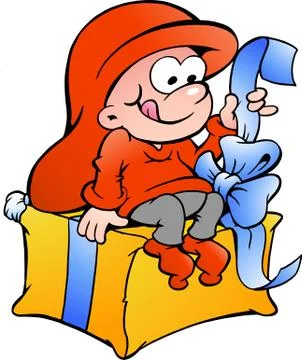 Hand-drawn vector illustration of elf elf sitting on a gift Stock Illustration