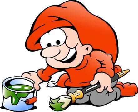Hand-drawn vector illustration of an elf with paint bucket and paintbrush Stock Illustration