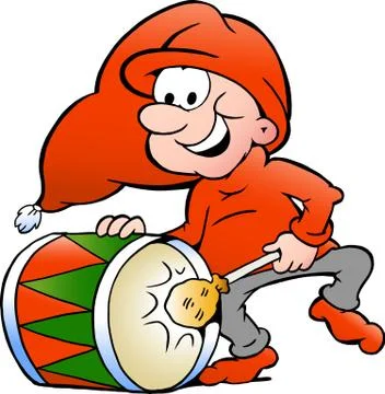 Hand-drawn vector illustration of an elf playing christmas drum Stock Illustration