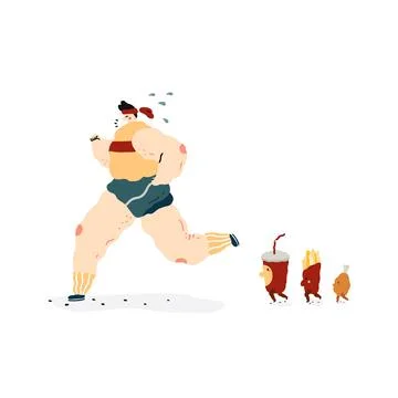Hand drawn vector illustration of fast food characters follow fat people running Stock Illustration