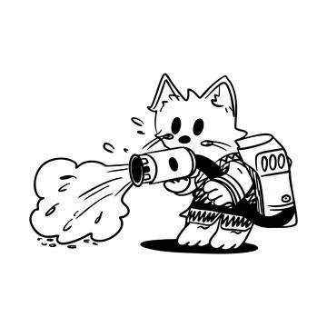 Hand-drawn vector illustration of a firefighter cat putting out a fire, line  Stock Illustration
