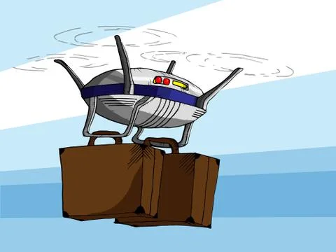Hand Drawn Vector Illustration of Flying Drone with Two Suitcases Illustrazione stock