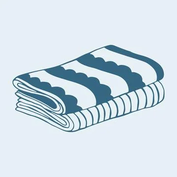 Hand drawn vector illustration of a folded striped towel. Minimalist blue line Stock Illustration