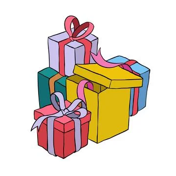 Hand drawn vector illustration of gift box pile. 스톡 일러스트