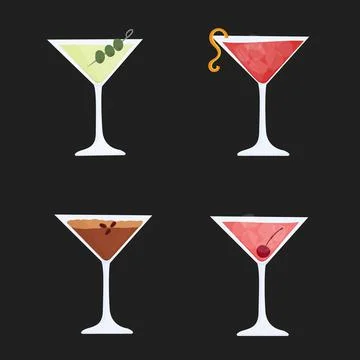 Hand drawn vector illustration of glasses with Dirty Martini, Cosmopolitan Stock Illustration