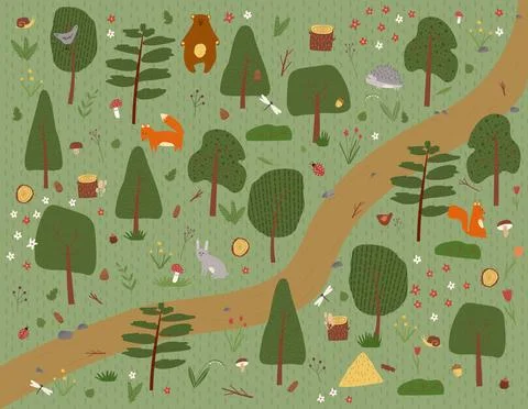Hand drawn vector illustration of green nature summer forest park landscape b Stock Illustration