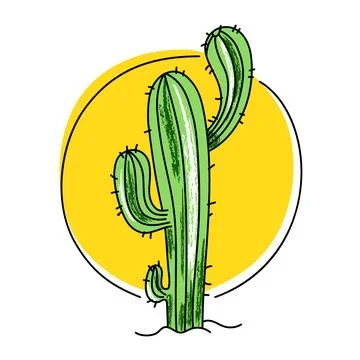 Hand drawn vector illustration of green cactus with black outline on yellow Stock Illustration