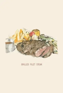 Hand drawn vector illustration of grilled Filet steak   Stock Illustration