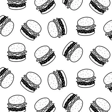 Hand drawn vector illustration of hamburger pattern. black and white. 스톡 일러스트