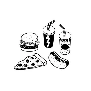 Hand drawn vector illustration of hamburger, pizza, hotdog, soft drink 스톡 일러스트
