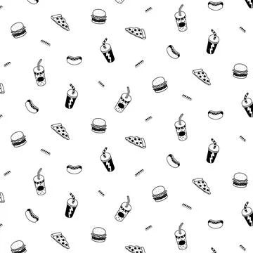 Hand drawn vector illustration of hamburger, pizza, hotdog, soft drink pattern 스톡 일러스트