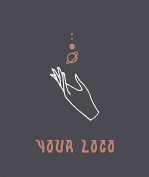Hand drawn vector illustration of hand with planets, linear style, line drawing. Stock Illustration