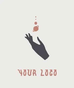 Hand drawn vector illustration of hand with planets, linear style, line drawing. Stock Illustration