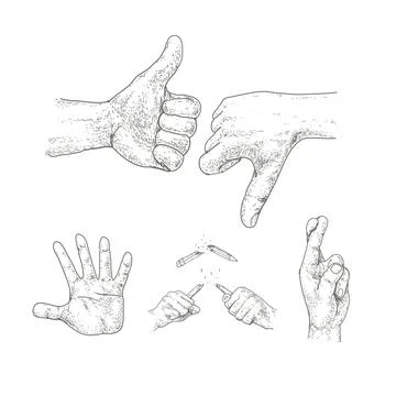 Hand drawn vector illustration of hand. Unlike. Up down. stop. Stock Illustration