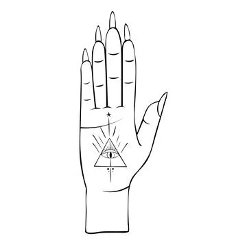 Hand-drawn vector illustration of a hand with an esoteric symbol of the eye on Stock Illustration