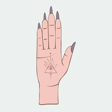 Hand-drawn vector illustration of a hand with an esoteric symbol of the eye on Stock Illustration