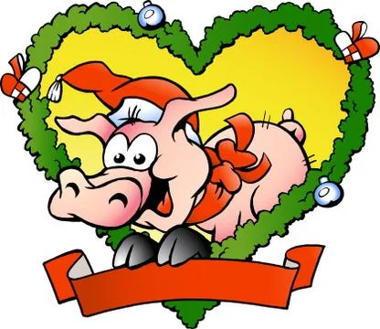 Hand-drawn vector illustration of an happy fat christmas pig Stock Illustration