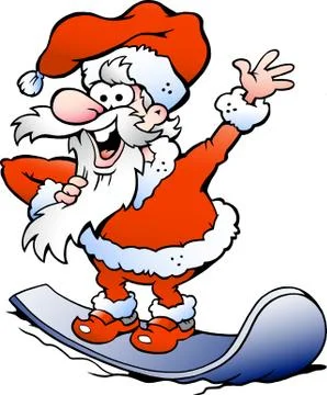 Hand-drawn vector illustration of an happy santa on snowboard Stock Illustration