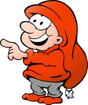 Hand-drawn vector illustration of an happy elf standing and pointing Stock Illustration