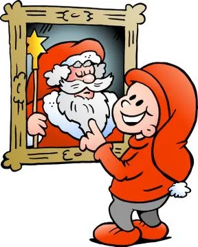 Hand-drawn vector illustration of an happy christmas elf looking at a picture Stock Illustration