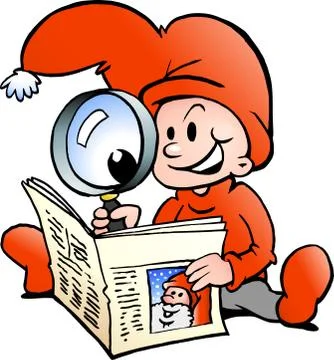 Hand-drawn vector illustration of an happy christmas elf reading news paper Stock Illustration
