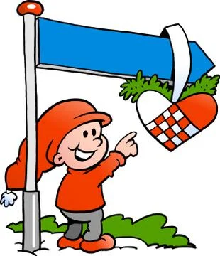 Hand-drawn vector illustration of an happy christmas elf pointing to a sign Stock Illustration