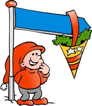 Hand-drawn vector illustration of an happy christmas elf looking at a sign Stock Illustration