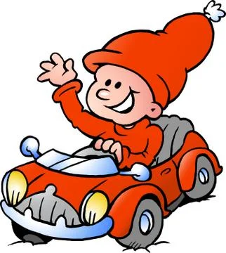 Hand-drawn vector illustration of an happy christmas elf driving in a red spo Stock Illustration