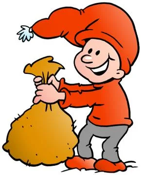 Hand-drawn vector illustration of an happy christmas elf holding a sack Stock Illustration