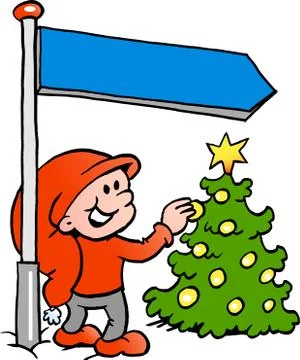 Hand-drawn vector illustration of an happy christmas elf looking at a christm Stock Illustration