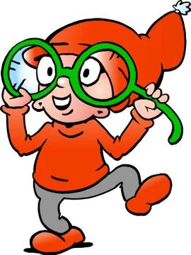 Hand-drawn vector illustration of an happy christmas elf  with big green glas Stock Illustration