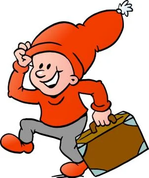 Hand-drawn vector illustration of an happy christmas elf running with a suitc Stock Illustration