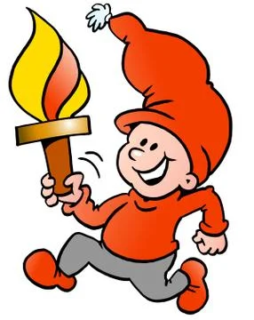 Hand-drawn vector illustration of an happy christmas elf running with a torch Stock Illustration