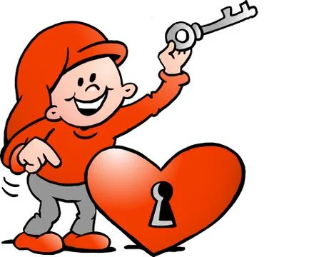 Hand-drawn vector illustration of an happy christmas elf  with the key to the Stock Illustration
