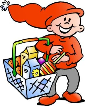 Hand-drawn vector illustration of an happy christmas elf  with a shopping bas Stock Illustration