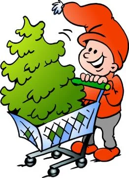 Hand-drawn vector illustration of an happy christmas elf  shopping a christma Stock Illustration