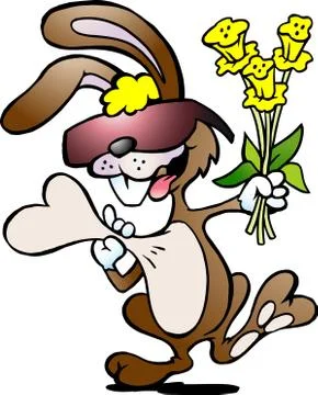 Hand-drawn vector illustration of an happy rabbit with a bouquet of daffodils Stock Illustration