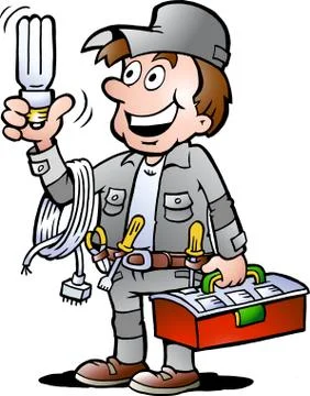 Hand-drawn vector illustration of an happy electrician handyman, holding a en Stock Illustration