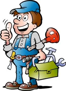 Hand-drawn vector illustration of an happy plumber handyman, giving thumb up Stock Illustration