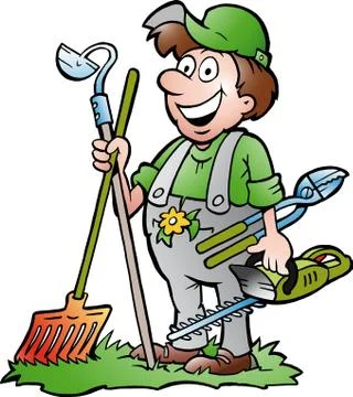 Hand-drawn vector illustration of an happy gardener standing with his garden Stock Illustration