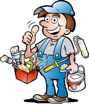 Hand-drawn vector illustration of an happy painter handyman, giving thumb up Stock Illustration