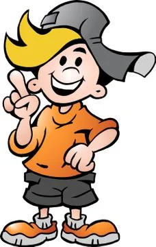 Hand-drawn vector illustration of an happy school boy pointing Stock Illustration